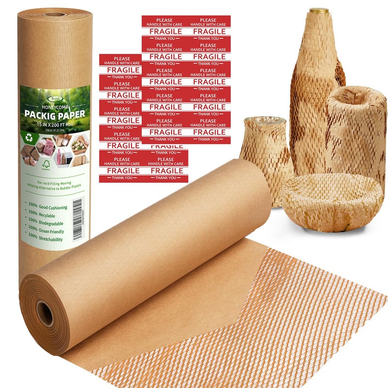 Besitek Honeycomb Packing Paper Wrap 15"x200' Sustainable Alternative to Bubble Cushioning Wrap for Moving/shipping/packing Roll with 20 Fragile Sticker Biodegradable & Fully Recylable - Image 1