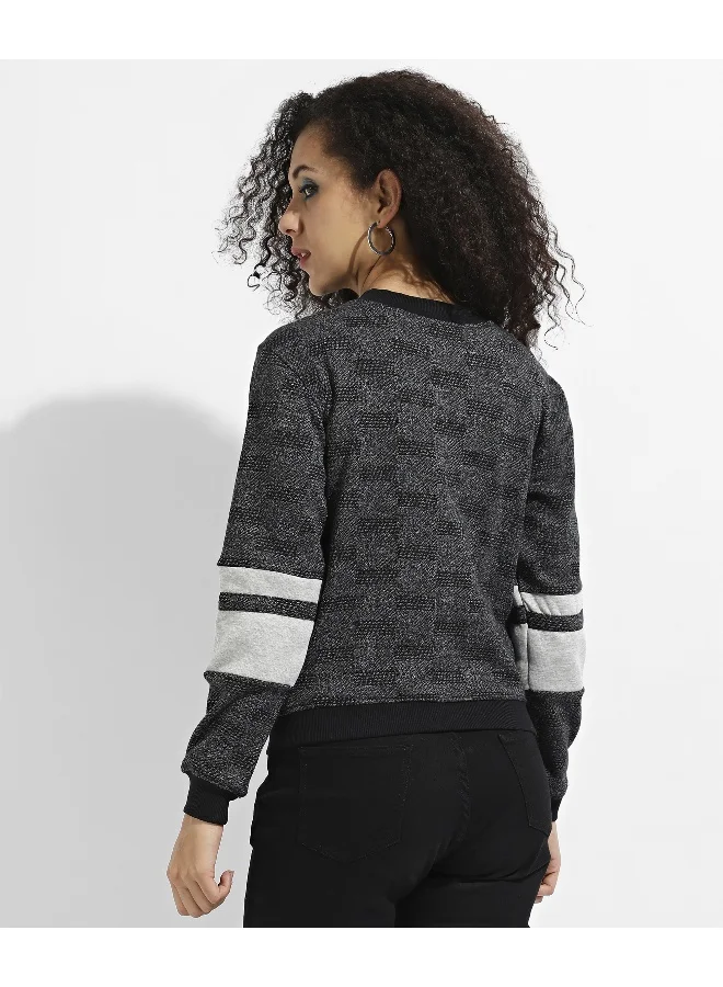 Pinacolada  Women's Charcoal Grey Zip-Front Textured Jacket With Contrast Stripe Sleeve for Women | Best Price UAE