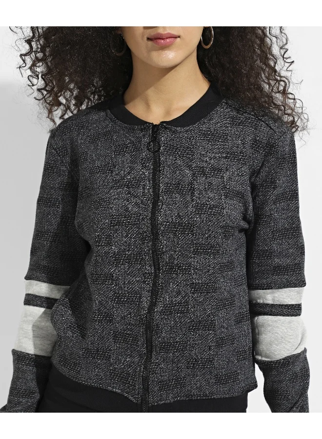 Pinacolada  Women's Charcoal Grey Zip-Front Textured Jacket With Contrast Stripe Sleeve for Women | Best Price UAE