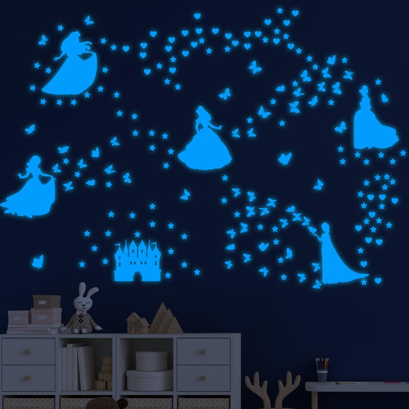 Robmoda Glow in The Dark Princess Castle Wall Sticker, Self-Adhesive Star Butterfly Wall Decal for Girl's Room, Fluorescent Sticker for Ceiling Nursery (Blue) - Image 1