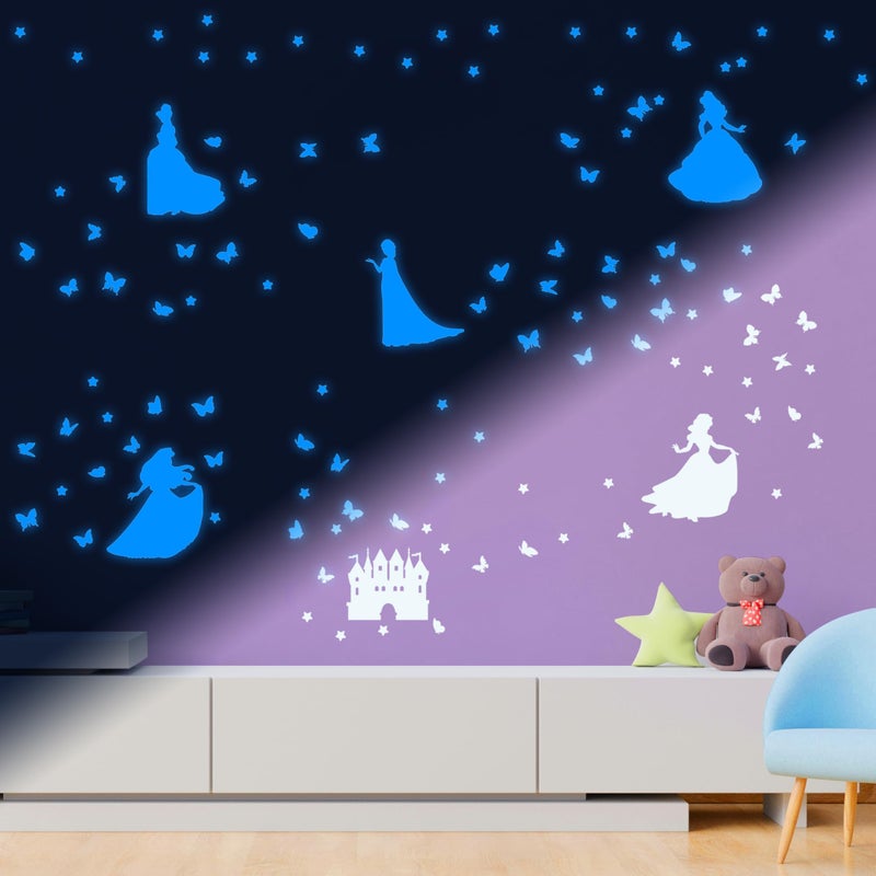 Robmoda Glow in The Dark Princess Castle Wall Sticker, Self-Adhesive Star Butterfly Wall Decal for Girl's Room, Fluorescent Sticker for Ceiling Nursery (Blue) - Image 3