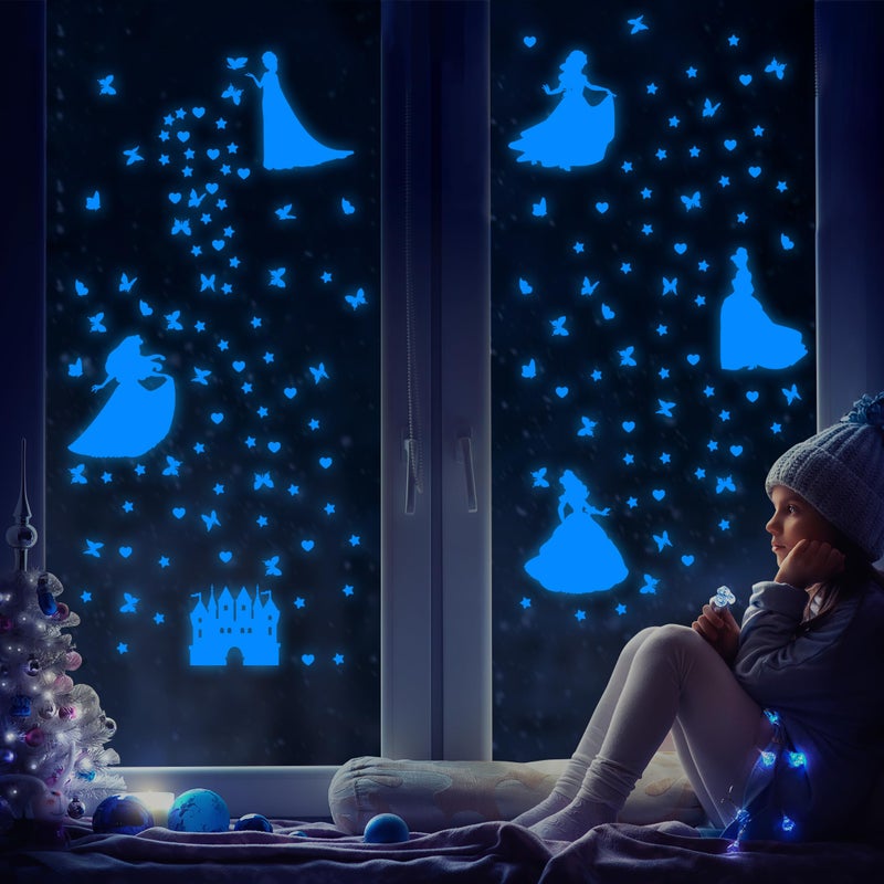 Robmoda Glow in The Dark Princess Castle Wall Sticker, Self-Adhesive Star Butterfly Wall Decal for Girl's Room, Fluorescent Sticker for Ceiling Nursery (Blue) - Image 2