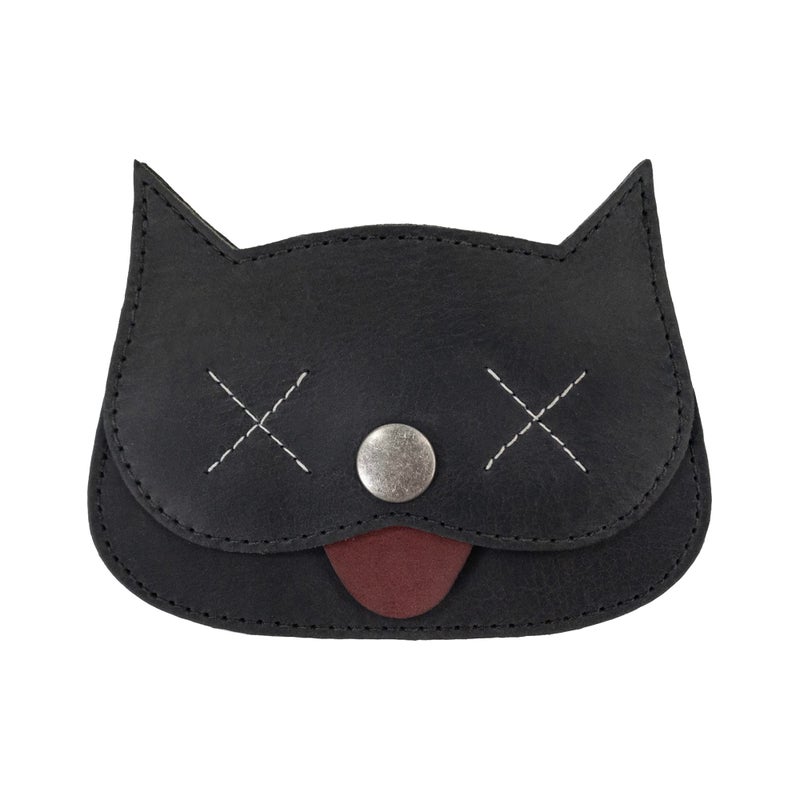 Hide & Drink, Cat-Shaped Wallet, Coin Pouch, Money Holder, Travel Accessory, Full Grain Leather, Handmade, Cartoon Black - Image 1