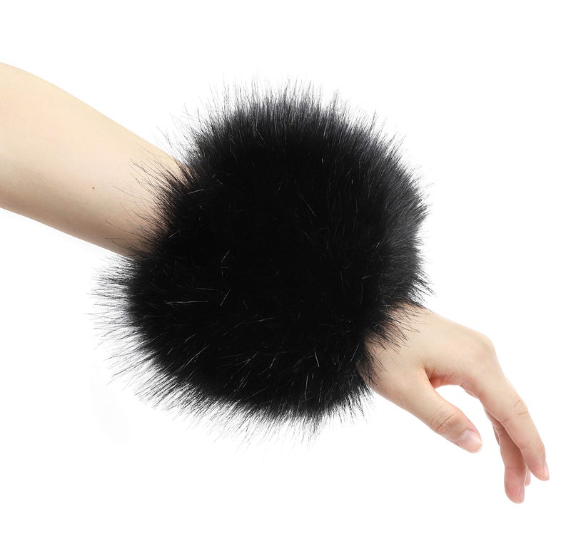 LA CARRIE Women's Leopard Print Faux Fur Wrist Cuffs,Winter Fox Furry Bands Arm Warmer (Black) - Image 2