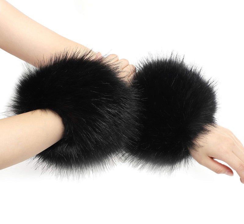 LA CARRIE Women's Leopard Print Faux Fur Wrist Cuffs,Winter Fox Furry Bands Arm Warmer (Black) - Image 3