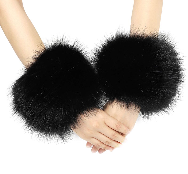 LA CARRIE Women's Leopard Print Faux Fur Wrist Cuffs,Winter Fox Furry Bands Arm Warmer (Black) - Image 1