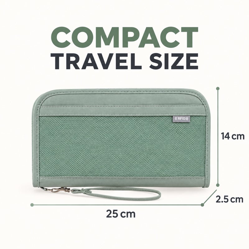 Passport Holder and Travel Document Organizer with Detachable Wrist Strap, Green - Image 3