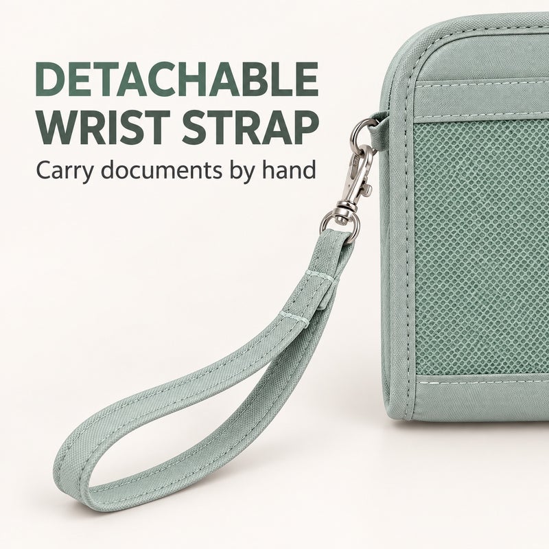 Passport Holder and Travel Document Organizer with Detachable Wrist Strap, Green - Image 4