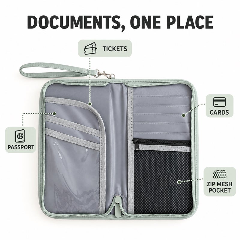 Passport Holder and Travel Document Organizer with Detachable Wrist Strap, Green - Image 2