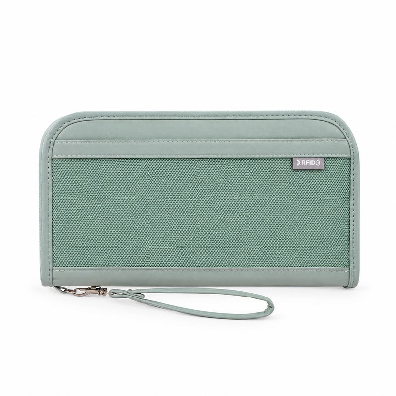 Passport Holder and Travel Document Organizer with Detachable Wrist Strap, Green - Image 1