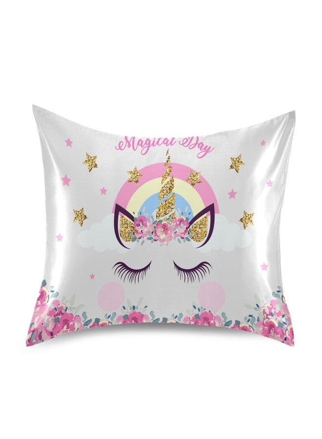 Dalzium Cute Unicorn Girl Print Satin Pillowcase for Hair and Skin, Unicorn and Pink Flowers Silk Pillow Case with Envelope Closure, Standard Size 20x26 inches, White, 1 PC - Image 1