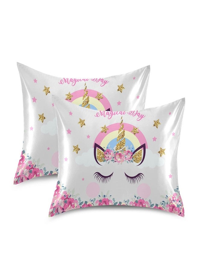 Dalzium Cute Unicorn Girl Print Satin Pillowcase for Hair and Skin, Unicorn and Pink Flowers Silk Pillow Case with Envelope Closure, Standard Size 20x26 inches, White, 1 PC - Image 2