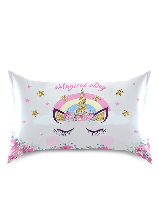 Dalzium Cute Unicorn Girl Print Satin Pillowcase for Hair and Skin, Unicorn and Pink Flowers Silk Pillow Case with Envelope Closure, Standard Size 20x26 inches, White, 1 PC - Image 3