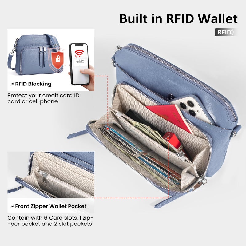 befen Real Leather Crossbody Bags for Women Small Shoulder Cross Body Purses for Woman with Built in RFID Wallet Blue - Image 3