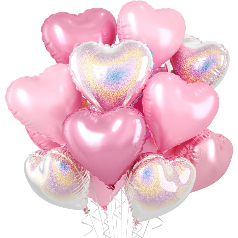 Biapian Pink and Silver Heart Balloons 10 Pcs Pink Laser Silver Heart Shaped Balloon 18 Inch Metallic Glitter Stars Foil Balloons for Girls Women Princess Brithday Baby Shower Valentines Party Decorations - Image 3