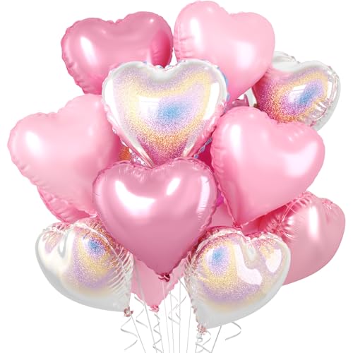 Biapian Pink and Silver Heart Balloons 10 Pcs Pink Laser Silver Heart Shaped Balloon 18 Inch Metallic Glitter Stars Foil Balloons for Girls Women Princess Brithday Baby Shower Valentines Party Decorations - Image 1