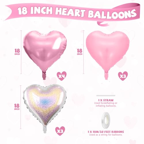 Biapian Pink and Silver Heart Balloons 10 Pcs Pink Laser Silver Heart Shaped Balloon 18 Inch Metallic Glitter Stars Foil Balloons for Girls Women Princess Brithday Baby Shower Valentines Party Decorations - Image 5