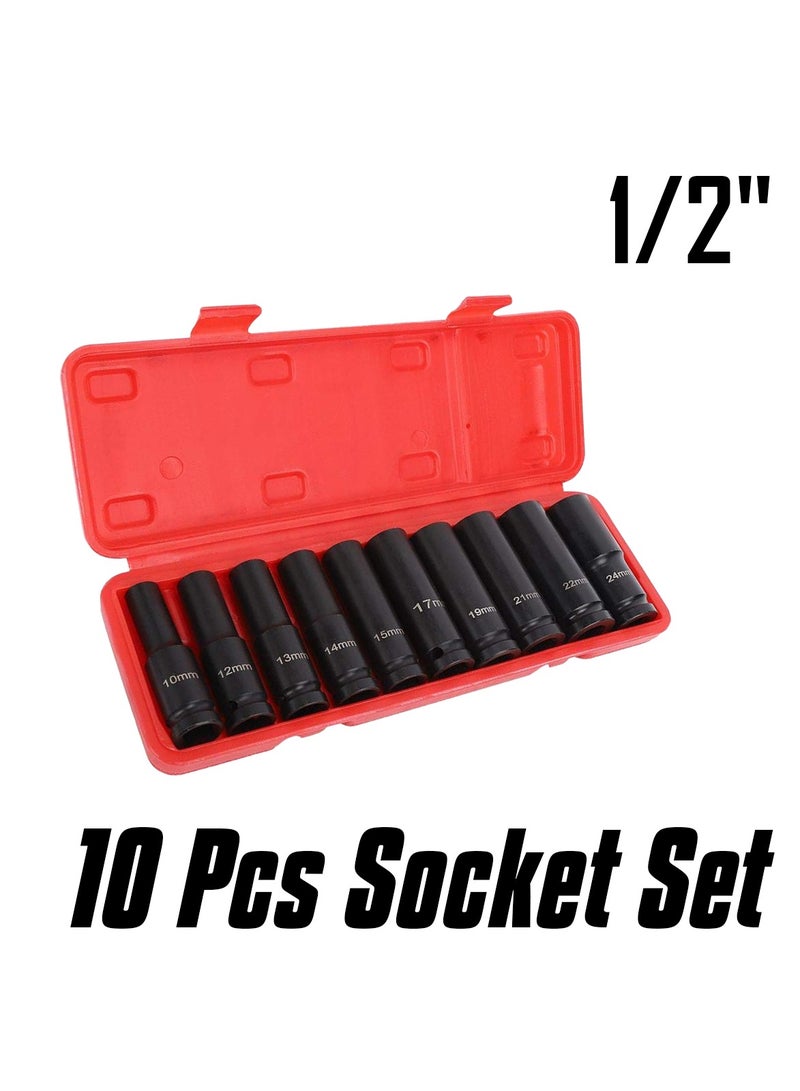 Professional Impact Socket Set Pneumatic Thickening 10 12 13 14 15 17 19 21 22 24, 10 Pcs Socket Set  1/2"  - Image 1