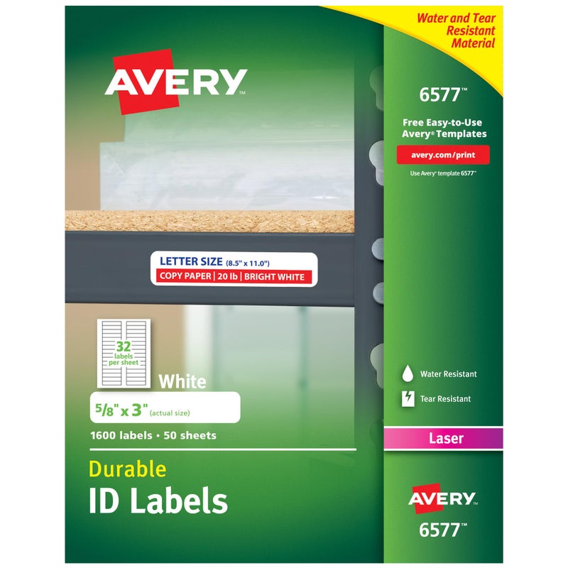 Avery Durable White Cover Up ID Labels for Laser Printers, 0.625" x 3", Pack of 1600 (6577) - Image 1