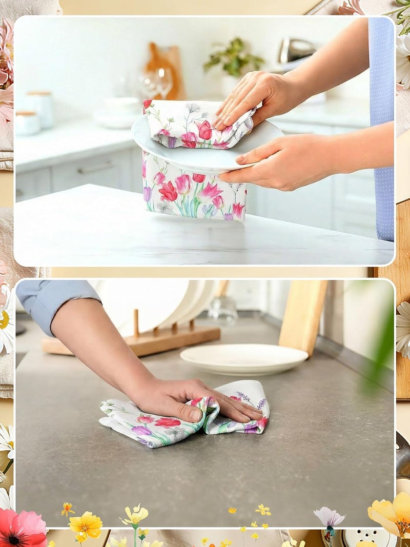 Bencailor 4 Pcs Sunflower Kitchen Towels Summer Fall Flower Floral Sea Beach Lemon Hand Dish Towels Fast Drying Decor Housewarming Gift for Cooking Kitchen Bathroom(Pink,Tulip) - Image 4