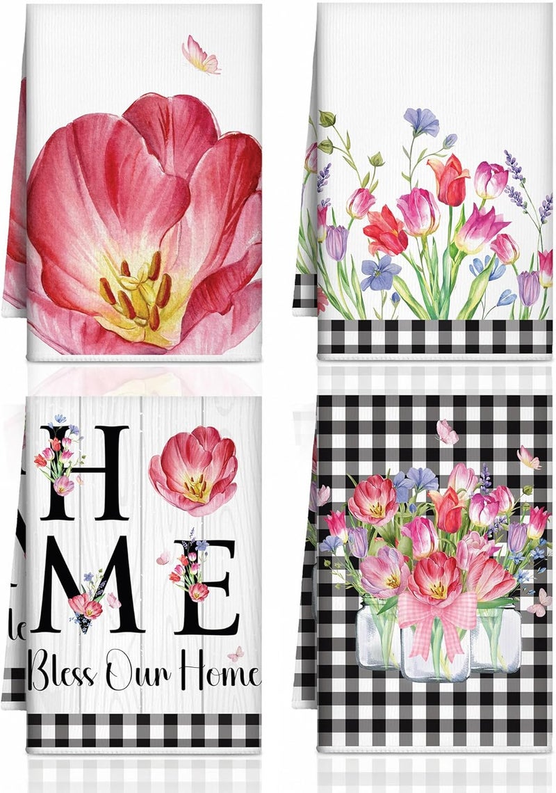 Bencailor 4 Pcs Sunflower Kitchen Towels Summer Fall Flower Floral Sea Beach Lemon Hand Dish Towels Fast Drying Decor Housewarming Gift for Cooking Kitchen Bathroom(Pink,Tulip) - Image 1