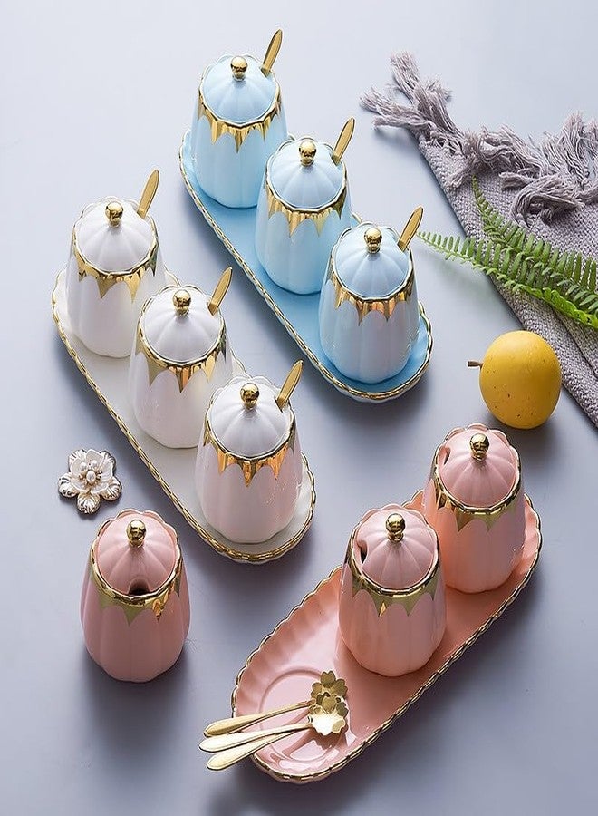 milkyway Milky Way Set of 3 Ceramic Condiment Pots Sugar Bowl,Porcelain Sugar Holder with 1Tray, Lid and Spoon Salt Container Modern Seasoning Jars for Counter Home and Kitchen (White silver) - Image 2