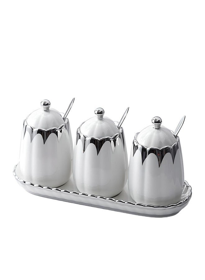 milkyway Milky Way Set of 3 Ceramic Condiment Pots Sugar Bowl,Porcelain Sugar Holder with 1Tray, Lid and Spoon Salt Container Modern Seasoning Jars for Counter Home and Kitchen (White silver) - Image 1