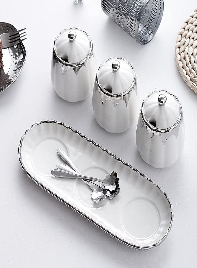 milkyway Milky Way Set of 3 Ceramic Condiment Pots Sugar Bowl,Porcelain Sugar Holder with 1Tray, Lid and Spoon Salt Container Modern Seasoning Jars for Counter Home and Kitchen (White silver) - Image 5