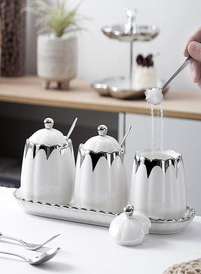 milkyway Milky Way Set of 3 Ceramic Condiment Pots Sugar Bowl,Porcelain Sugar Holder with 1Tray, Lid and Spoon Salt Container Modern Seasoning Jars for Counter Home and Kitchen (White silver) - Image 4