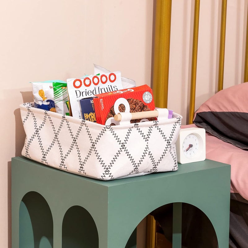 LUFOFOX Decorative Collapsible Rectangular Fabric Storage Bin Organizer Basket with Wooden Handles for Clothes Storage,15.4x10.6x5.1 inch,White - Image 5