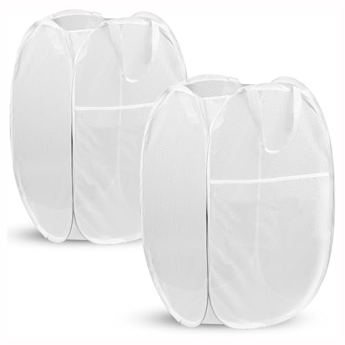 DUCOO Pop Up Laundry Hamper 70L Collapsible Mesh Laundry Basket with Side Pocket Foldable Dirty Clothes Hamper with Sturdy Reinforced Handles for Home Dorm Bedroom Travel Storage White 2Pack - Image 1