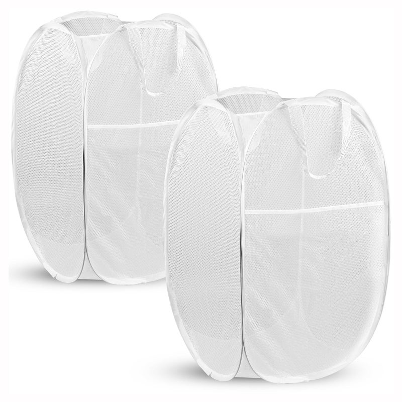 DUCOO Pop Up Laundry Hamper 70L Collapsible Mesh Laundry Basket with Side Pocket Foldable Dirty Clothes Hamper with Sturdy Reinforced Handles for Home Dorm Bedroom Travel Storage White 2Pack - Image 2
