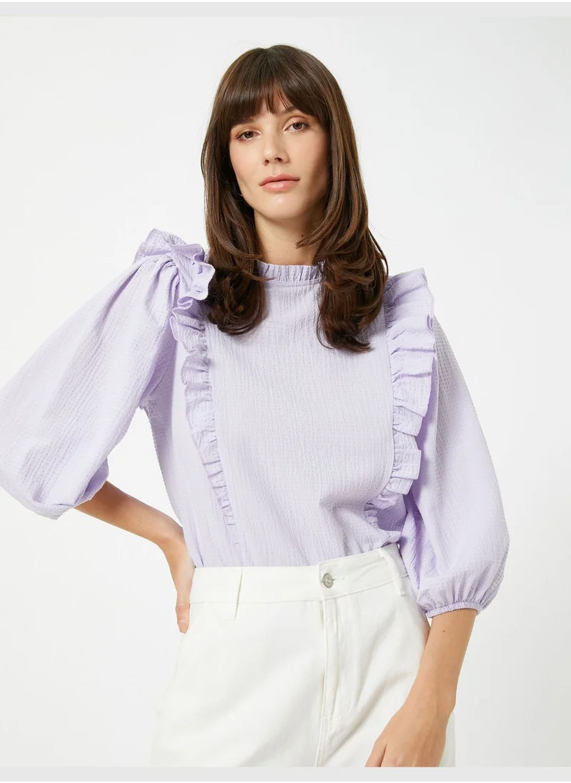 كوتون Frilled Blouse High Neck Puff Sleeve