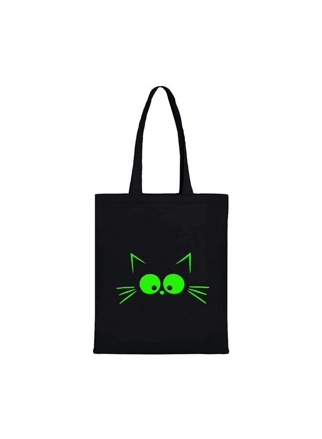 Clapcart Black Canvas Tote Bag for Women | Printed Multipurpose Cotton Zipper Bags | Cute Hand Bag for Girls (Cat Face Neon Green Print) - Image 1
