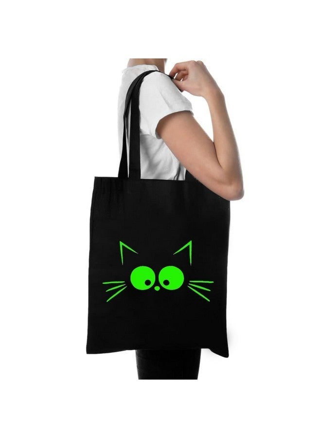Clapcart Black Canvas Tote Bag for Women | Printed Multipurpose Cotton Zipper Bags | Cute Hand Bag for Girls (Cat Face Neon Green Print) - Image 2
