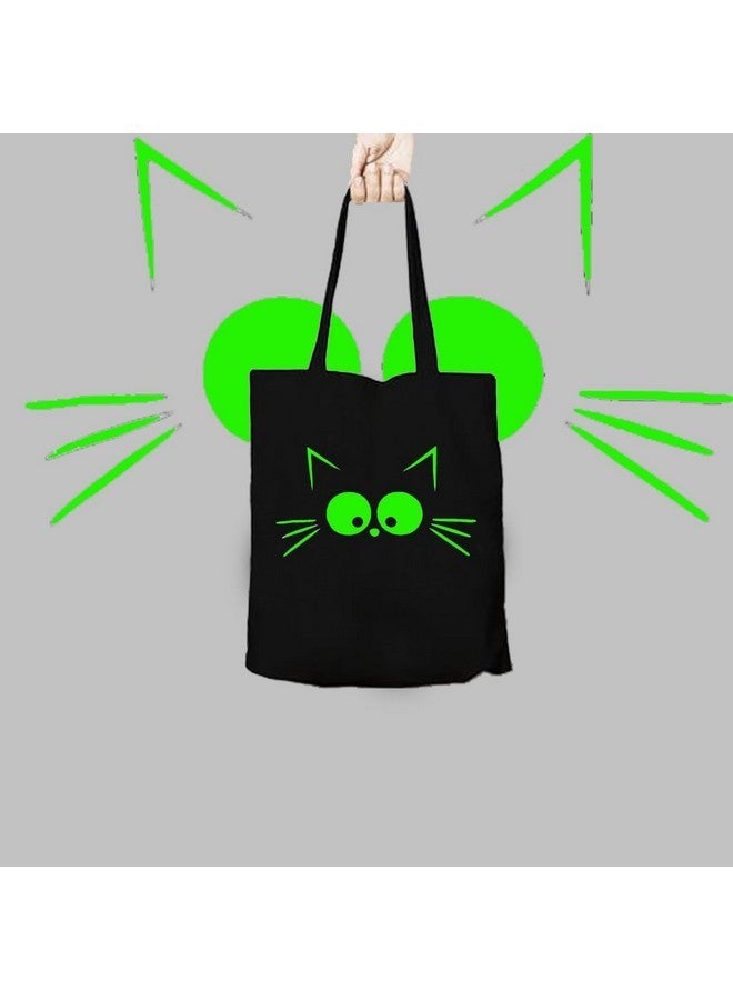 Clapcart Black Canvas Tote Bag for Women | Printed Multipurpose Cotton Zipper Bags | Cute Hand Bag for Girls (Cat Face Neon Green Print) - Image 3