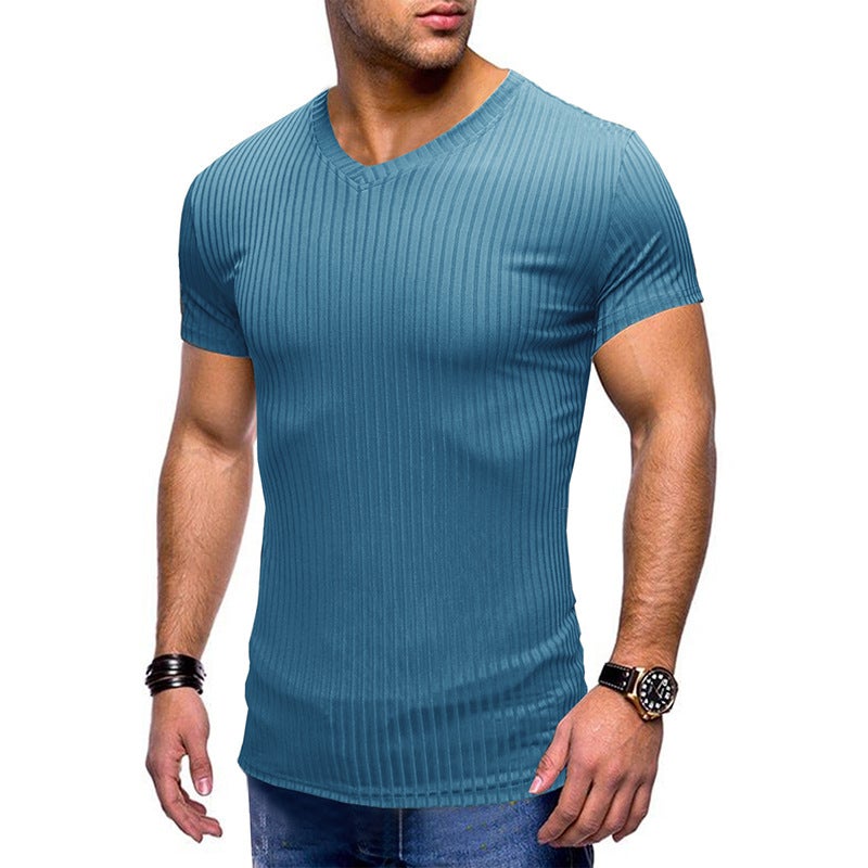 Summer New Solid Color Small V-neck and Men''s Short-sleeved and Men''s T-shirt Foreign Trade T-shirt for Men - Image 1