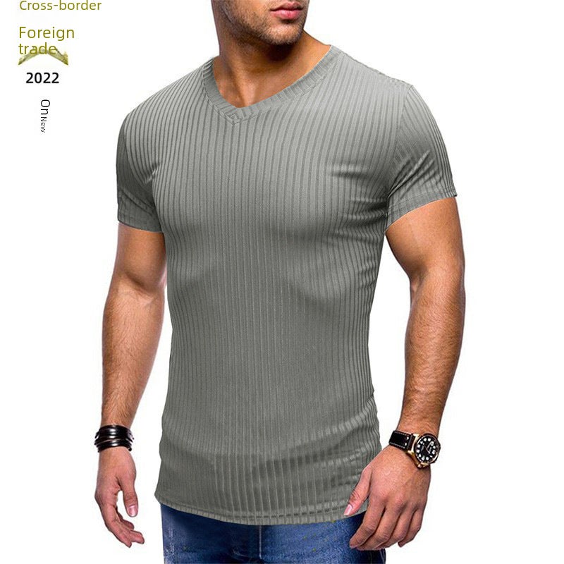 Summer New Solid Color Small V-neck and Men''s Short-sleeved and Men''s T-shirt Foreign Trade T-shirt for Men - Image 3