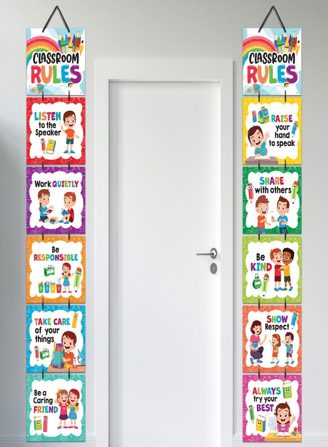 Decorably 12 Hanging Colorful Classroom Rules Poster Set with Accompanying Ribbon, 12x10in Matte-Laminated Inspirational Classroom Rules Elementary Posters - Image 1