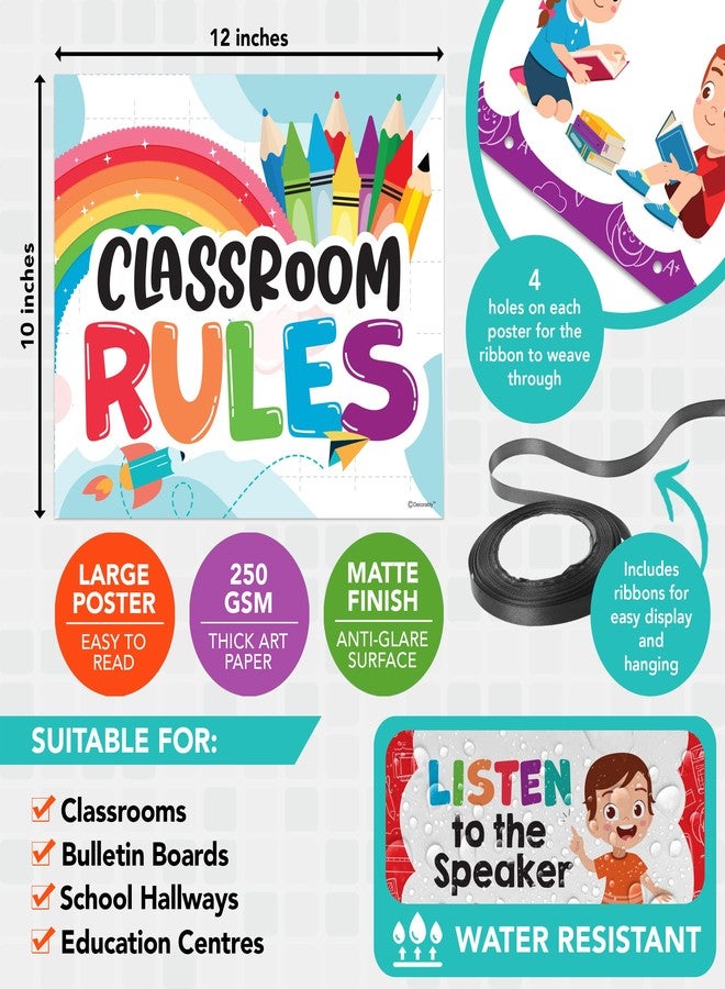 Decorably 12 Hanging Colorful Classroom Rules Poster Set with Accompanying Ribbon, 12x10in Matte-Laminated Inspirational Classroom Rules Elementary Posters - Image 2