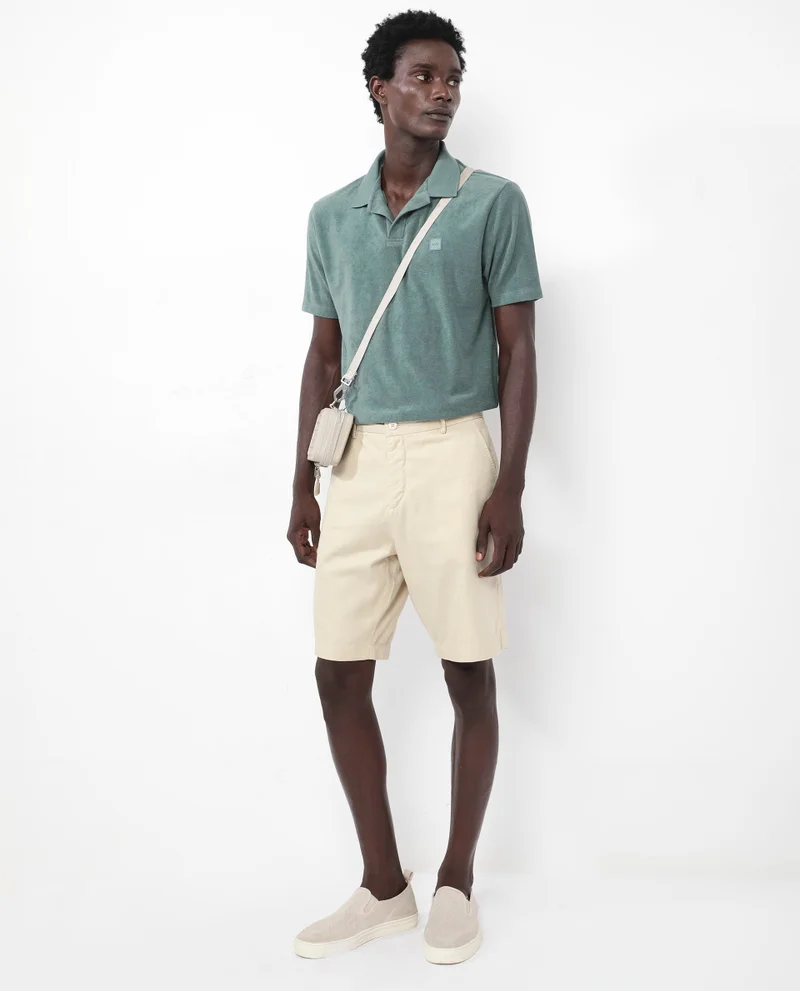 Rare Rabbit Rare Rabbit Men's Merk Dusky Green Cotton Polyester Fabric Short Sleeve Johnny Collar Regular Fit Towel Terry Textured Polo T-Shirt