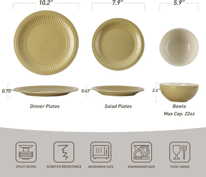 Famiware Garden Plates and Bowls Set for 6 18Piece Kitchen Dishes Dinnerware Set  Microwave and Dishwasher Safe Scratch Resistant Reactive Glaze and Embossed Stoneware Tableware Yellow - Image 3