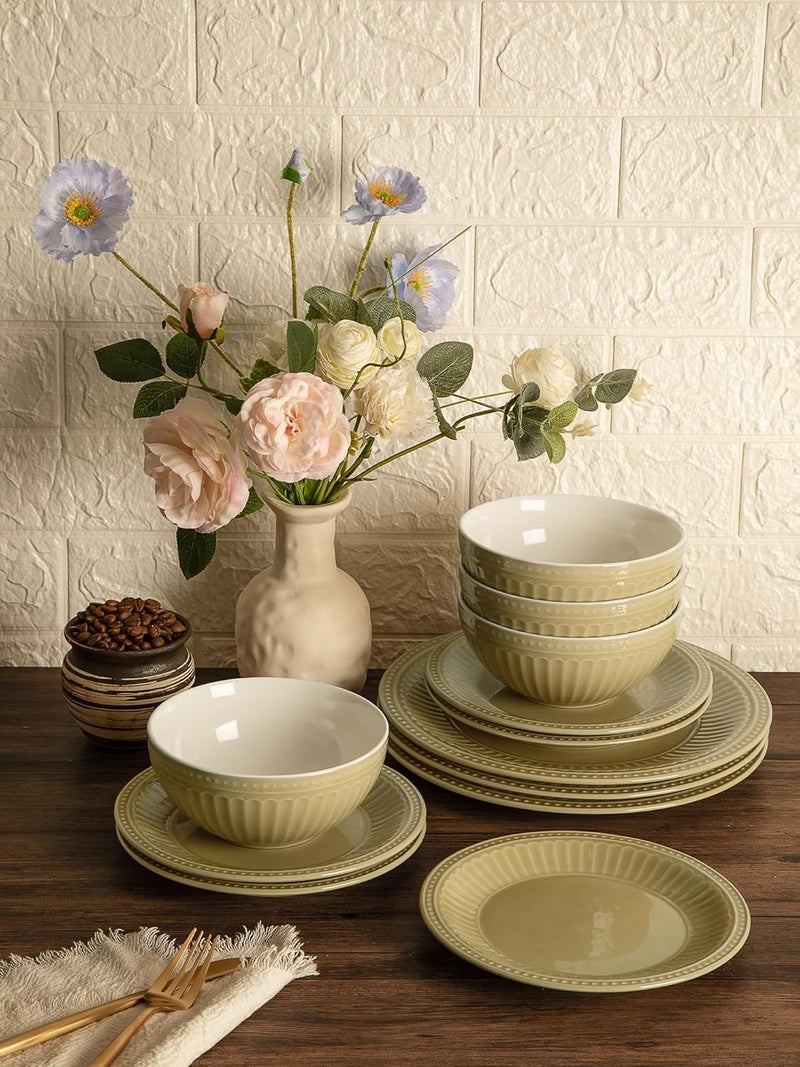 Famiware Garden Plates and Bowls Set for 6 18Piece Kitchen Dishes Dinnerware Set  Microwave and Dishwasher Safe Scratch Resistant Reactive Glaze and Embossed Stoneware Tableware Yellow - Image 5