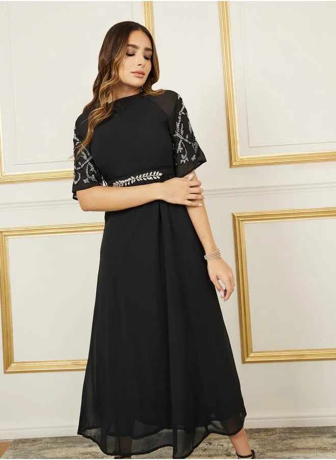 ستايلي Beaded Detail Sleeves Embellished Tie Up Belt Maxi Dress