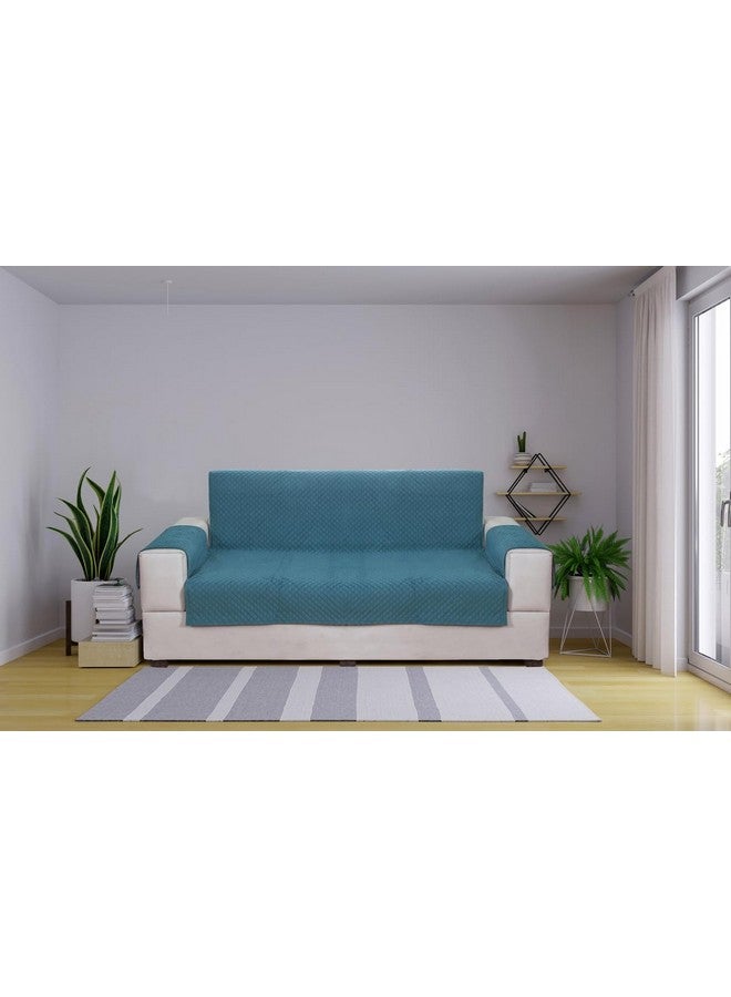 Nendle Box Pattern Quilted Single Piece Sofa Cover 3Seater Soft Velvet Universal Non-Slip Protector Covers with Attached Handle Covers for Living Room, Drawing Room (Aqua, Pack of 1) - Image 1
