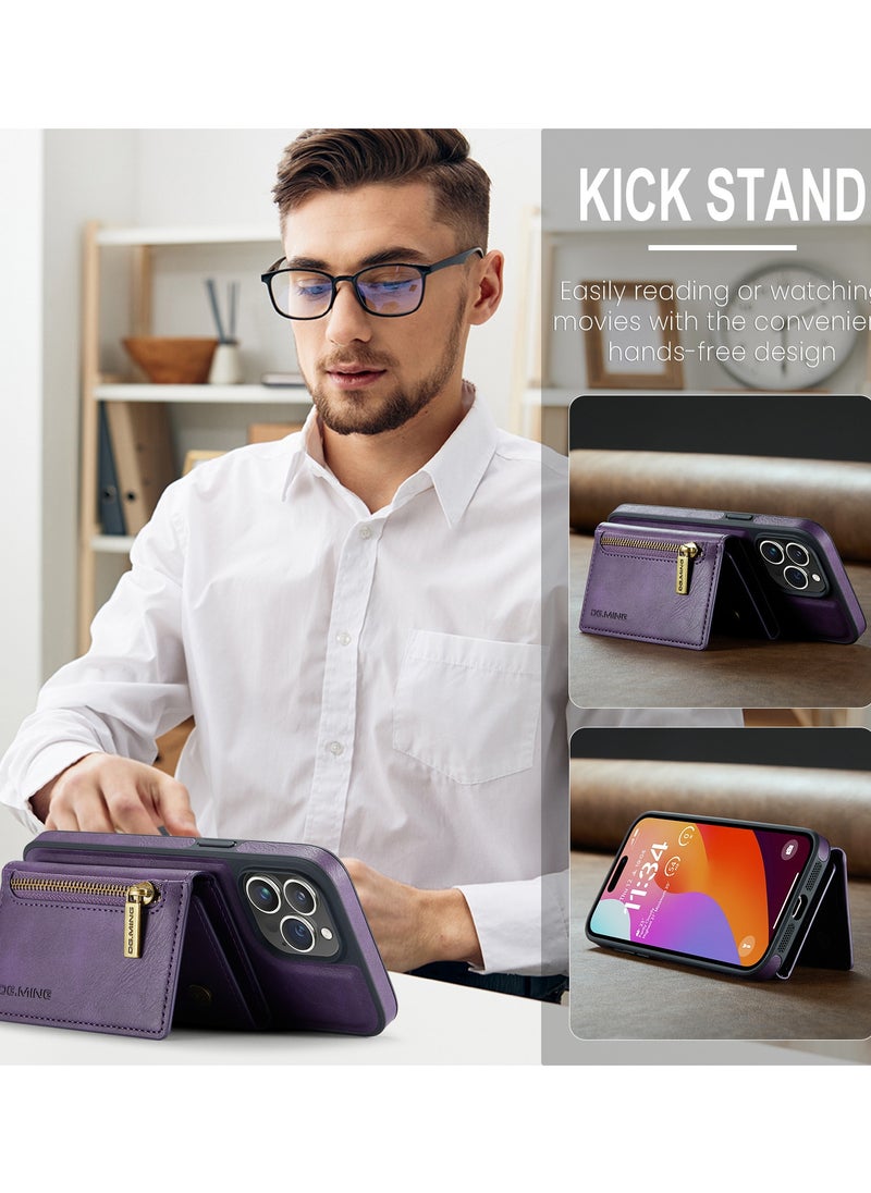 DGMING - CaseMe Wallet Case for iPhone 13 Pro DGMING Premium Leather Phone Case Back Cover Magnetic Detachable with Trifold Wallet Card Holder Pocket - Purple - Image 1