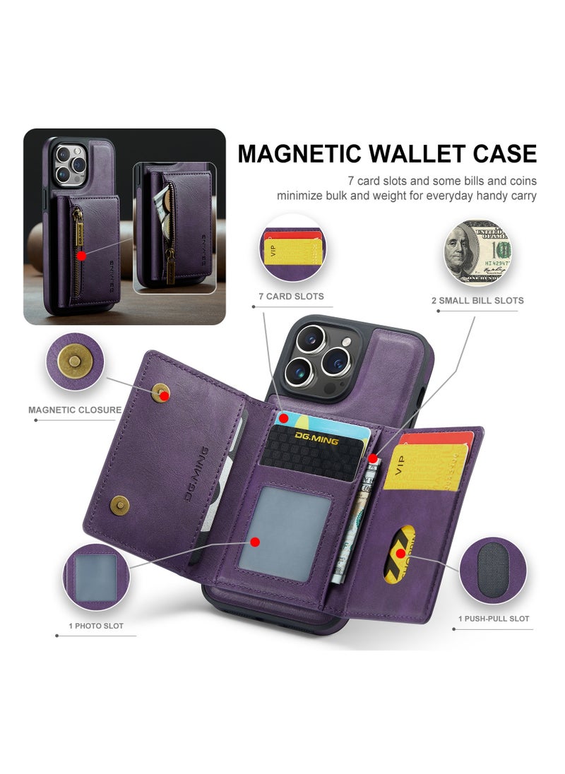DGMING - CaseMe Wallet Case for iPhone 13 Pro DGMING Premium Leather Phone Case Back Cover Magnetic Detachable with Trifold Wallet Card Holder Pocket - Purple - Image 1