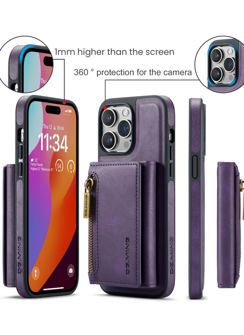 DGMING - CaseMe Wallet Case for iPhone 13 Pro DGMING Premium Leather Phone Case Back Cover Magnetic Detachable with Trifold Wallet Card Holder Pocket - Purple - Image 1