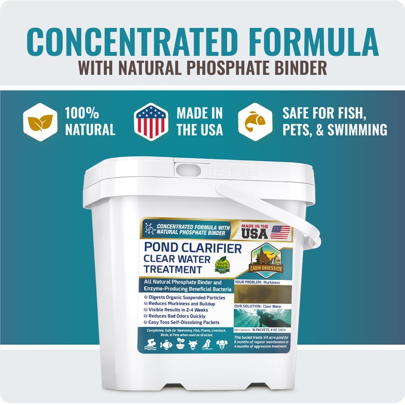 Cabin Obsession Pond Clear Water Treatment - 16 Pack for 8 Months of Pond Cleaner Supply - Pond Clarifier for Outdoor Ponds â€“ 100% Natural Pond Bacteria Packets - Made in The USA - Safe for Fish, Pets, and Swimming - Image 4