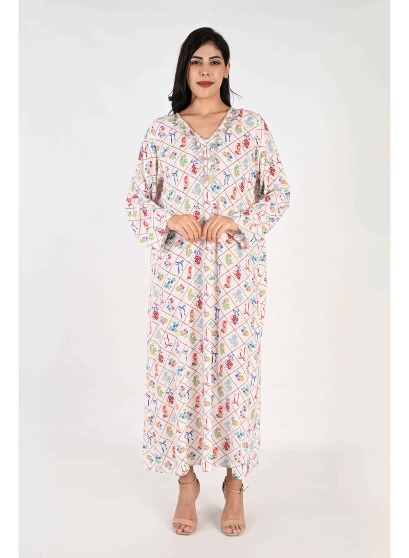 Linelle Ladies Jalabiya – White with Colorful Floral and Bow Diamond Print and Embroidery Detailing - Image 1